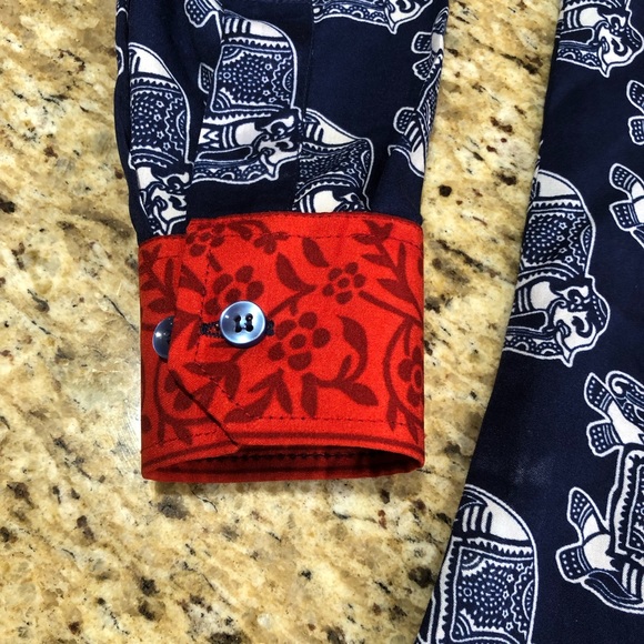 100% Silk Blue White Red Elephant Floral Detail Button Down Custom Dress Shirt - Picture 4 of 5